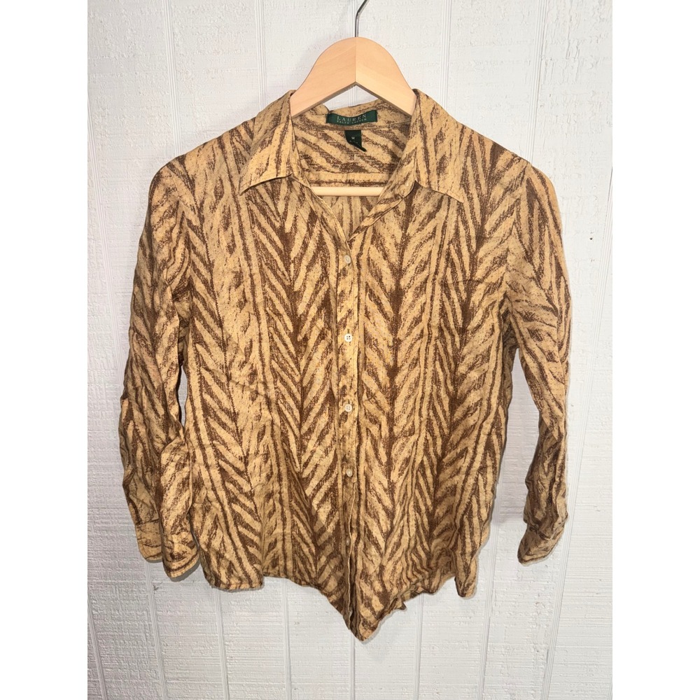 Lauren Ralph Lauren Button Down Women Tan Brown Linen Chevron Ikat Print M